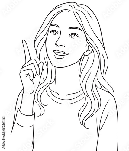 line drawing of a girl pointing up