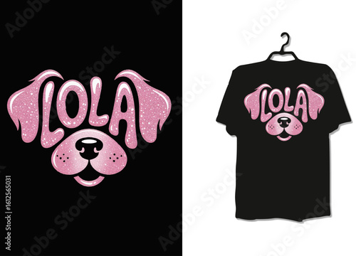 LOLA the Dog – Pink Typographic Pet Name Design as Stylized Dog Face on Black T-Shirt Mockup