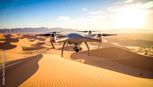 Fototapeta Naklejka Na Ścianę i Meble -  Drones flying over sand dunes at sunrise