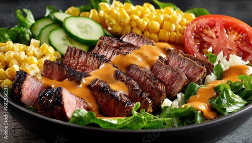 Sliced steak over greens. Corn, tomato, and cucumber, top a dark bowl, drizzled with orange sauce. Leafy greens form the base of a flavorful salad, a vibrant and healthy meal