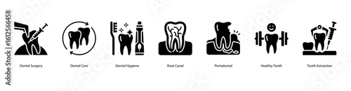 Dental care web banner icon vector illustration featuring Dental Surgery, Dental Care, Dental Hygiene, Root Canal, Periodontal, Healthy Tooth, and Tooth Extraction.