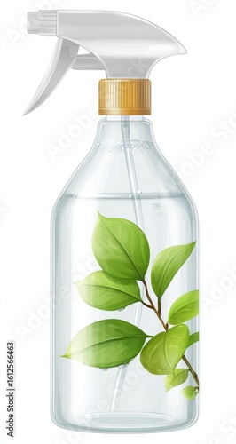 Clear plastic spray bottle, filled with liquid, features a stem with green leaves. The nozzle is white, with a tan collar. Fresh, clean presentation