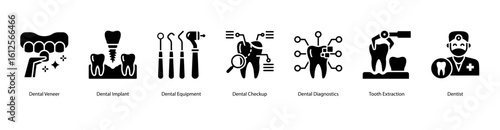 Dental restoration web banner icon vector illustration with Dental Veneer, Dental Implant, Dental Equipment, Dental Checkup, Dental Diagnostics, Tooth Extraction, and Dentist.