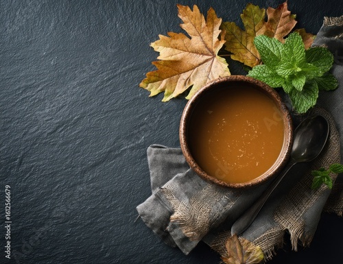 Warm broth in rustic bowl on grey cloth, framed by autumn leaves and fresh mint, rests on a textured dark surface