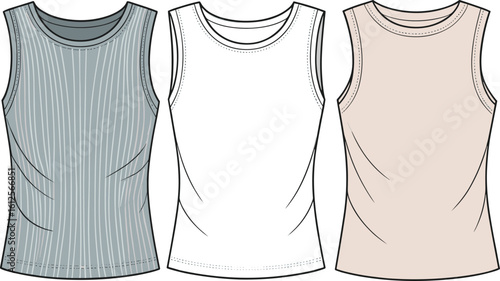 Flat vector cad drawing of women's sleeveless tank top with round neck, fitted silhouette, front view fashion technical sketch