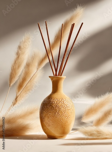 Aroma diffuser, a vase with reed sticks, standing in sunlight. Pampas grass plumes are around. Light beige and cream tones create a relaxing, calming atmosphere