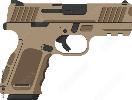 Cad drawing flat vector illustration of modern tactical handgun in desert tan, semi-automatic firearm side view for defense or security
