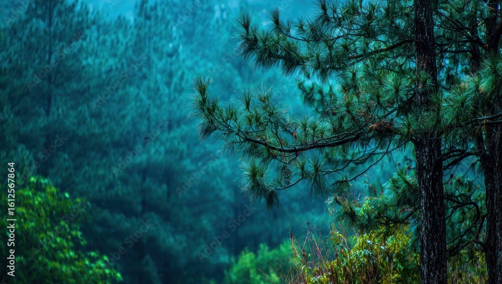 Fototapeta premium Atmospheric evergreen forest view; close tree in focus, distant trees blurred in misty green hues