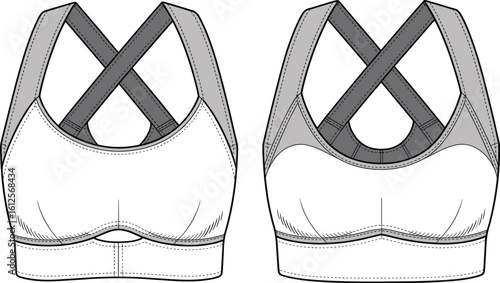 Women's sports bra design, cross-back straps, flat vector illustration, CAD drawing, activewear apparel, fashion sketch, technical garment details, fitness clothing