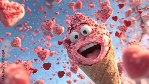 Animated ice cream cone with cartoon face and googly eyes smiles widely, surrounded by floating heart shapes in a bright, cheerful sky