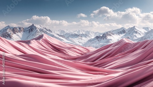 Snowy mountains backdrop a soft, pink, draped fabric landscape. Sunlight casts shadows across the fabric, creating flowing patterns. Fluffy white clouds dot the sky.