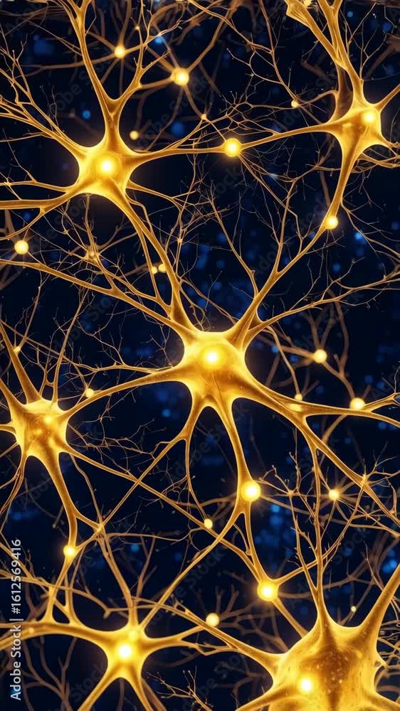 Detailed close-up view of interconnected golden neurons with glowing synapses on a dark blue background, scientific conceptual illustration. Detailed close-up view of interconnected golden neurons with glowing synapses on a dark blue background, scientific conceptual illustration.