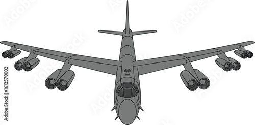 B-52 bomber front view CAD vector drawing, heavy strategic aircraft illustration, military jet silhouette, eight-engine warplane flat design