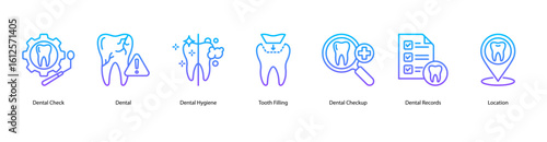 Routine dental check web banner icon vector illustration with Dental Check, Dental, Dental Hygiene, Tooth Filling, Dental Checkup, Dental Records, and Location.