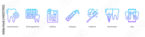 Dental tools web banner icon vector illustration includes Dental Protection, Dental Appointment, Certificate, Toothpaste, Toothbrush, Dental Implant, and X-Ray.