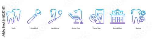 Dental clinic web banner icon vector illustration for Tooth, Dental Drill, Hand Mirror, Dentist Chair, Dental App, Dental Clinic, and Bacteria in a clinical environment.