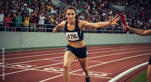 Relay Race Athlete Passing Baton on Running Track