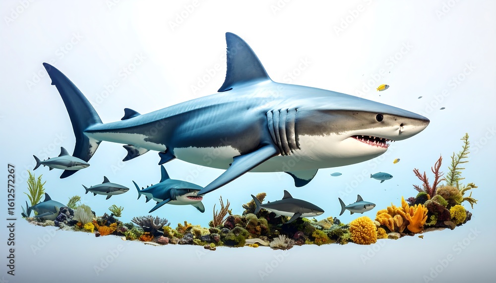 Fototapeta premium Great white shark in coral reef scene
