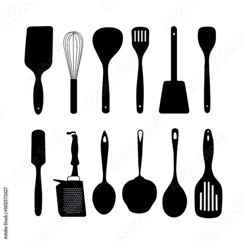 vector illustration of cooking utensils silhouette set, Black & White silhouette set
