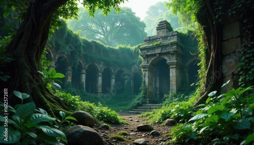 Fototapeta Naklejka Na Ścianę i Meble -  Overgrown ruins of a forgotten civilization swallowed by the relentless jungle Ancient stones, creeping vines, and lush foliage create a mysterious and evocative scene , architecture, adventure
