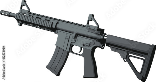 Modern assault rifle side view vector, tactical military weapon illustration, black semi-automatic gun, flat CAD drawing for defense use