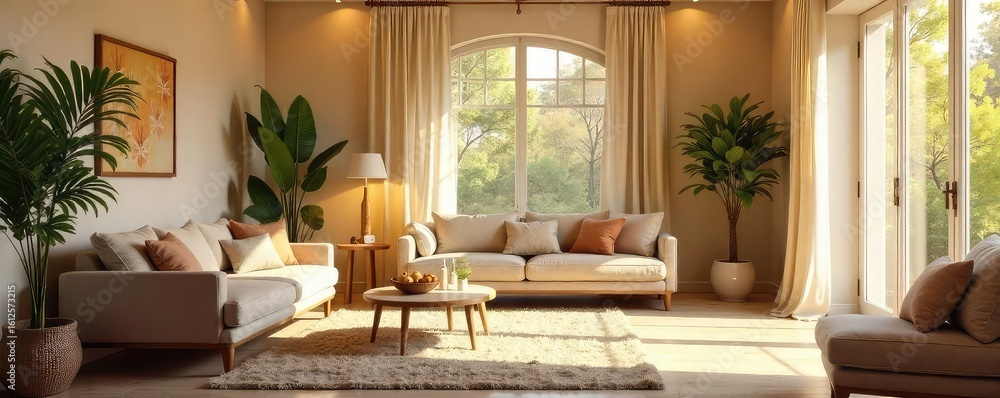 Fototapeta premium A warm and inviting interior space, bathed in sunlight, featuring comfortable furniture and soft textures, creating a serene and welcoming atmosphere , style, serene, comfortable