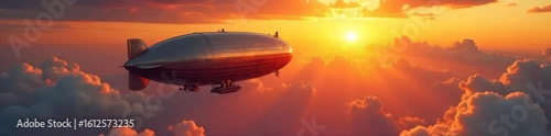 Majestic airships soaring through a vibrant sunset sky, their massive envelopes reflecting the golden light A breathtaking display of aeronautical engineering and beauty , engine, past, spectacle