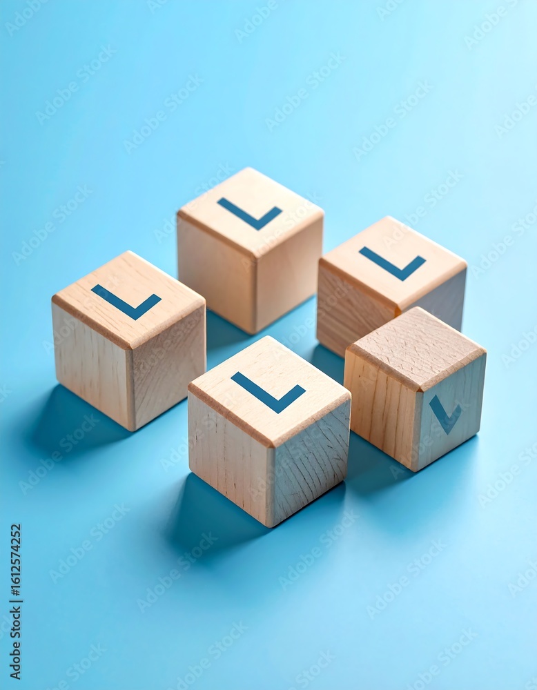 Fototapeta premium Five light-wood blocks, each with a blue 'L', form a cluster on a light-blue background; one block shows a checkmark
