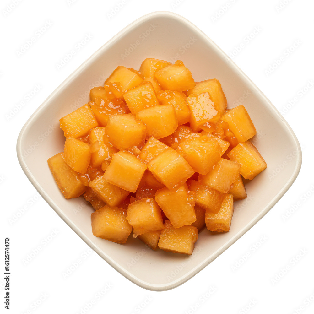 Freshly cut and glazed mango cubes served in a white bowl against a clean background Freshly cut and glazed mango cubes served in a white bowl against a clean background