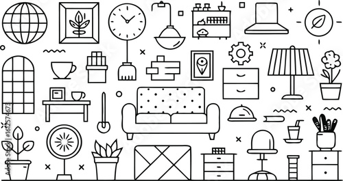 Collection of black and white line art icons depicting home decor and furniture illustration