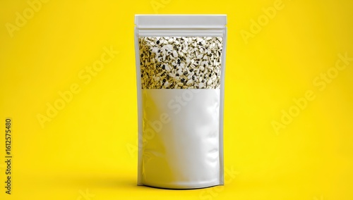 Wallpaper Mural White stand-up pouch with gold speckled design on a yellow background Torontodigital.ca