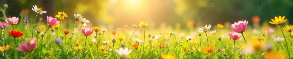 Fototapeta premium Vibrant, sun-drenched meadow bursting with wildflowers in full bloom Perfect for nature, spring, or summer themes; evokes feelings of freshness and renewal , flora, picturesque, vibrant colors