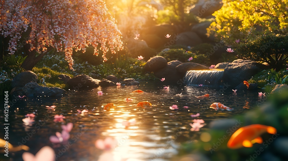 Obraz premium serene koi pond at golden hour with soft reflections vibrant koi and warm light for digital masterpiece showcasing peace balance and natural beauty concept.