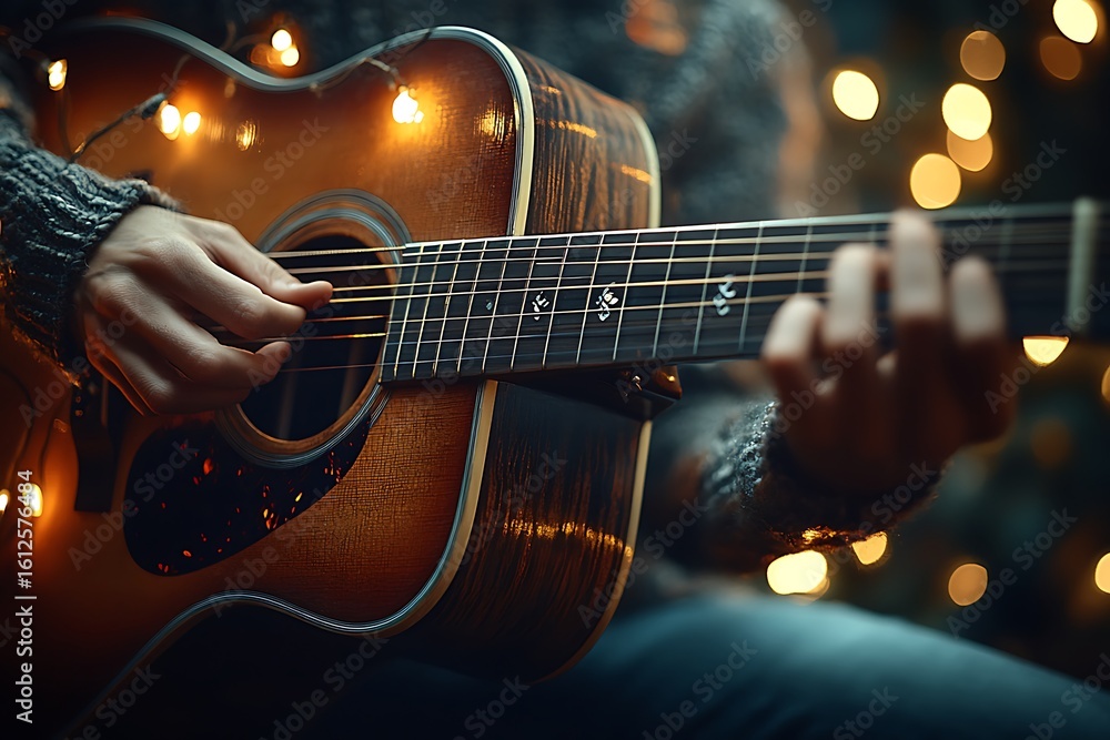 Obraz premium Acoustic Guitar Mockup with Warm Fairy Lights