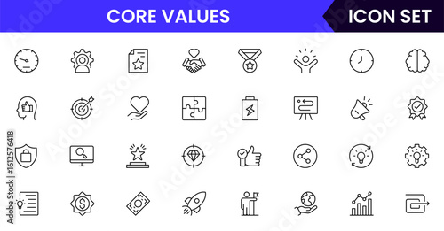 Core values vector line icons featuring integrity, teamwork, respect, responsibility, innovation, trust, ethics, commitment, leadership, and organizational culture symbols.