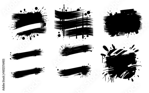 Brush strokes and grunge lines with paint splashes drawn in a rectangular shaped composition for text, callouts. Brush strokes in dirty style