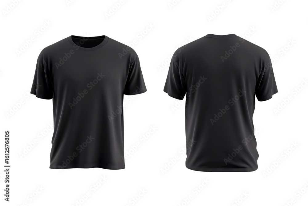 Realistic 3d render of a black crew neck t shirt front and back view isolated on transparent background Realistic 3d render of a black crew neck t shirt front and back view isolated on transparent background