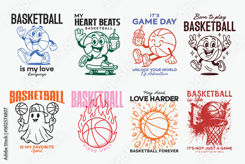 Retro, groovy basketball character and basketball quotes vector illustration bundle. Can be used as t shirt, poster, sticker, or print design