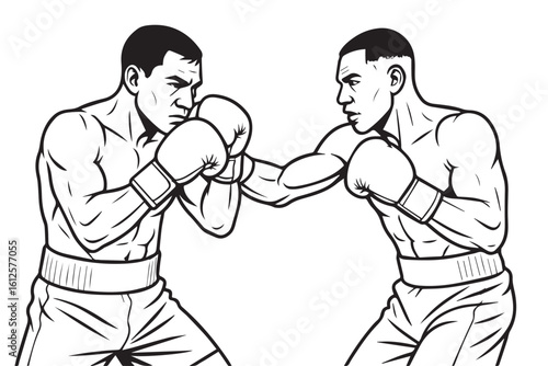 Vector illustration of two male boxers engaged in battle, drawn in black and white with bold black outlines emphasizing speed, impact, and athletic power exchange.

