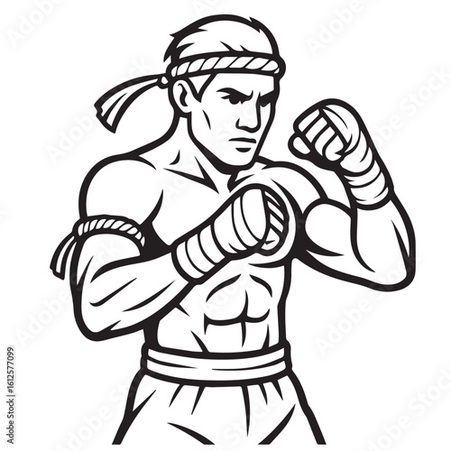 Vector artwork of a Muaythai male athlete, created in black and white style, with black outlines emphasizing fierce kicks, clenched fists, and focused fighting stance.