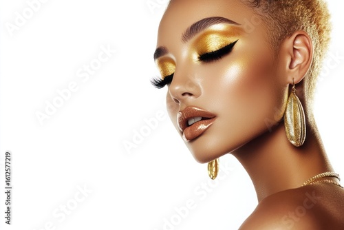 Wallpaper Mural Golden Beauty: The image features a captivating young woman with striking gold eye shadow, perfect skin, and stylish accessories. Torontodigital.ca