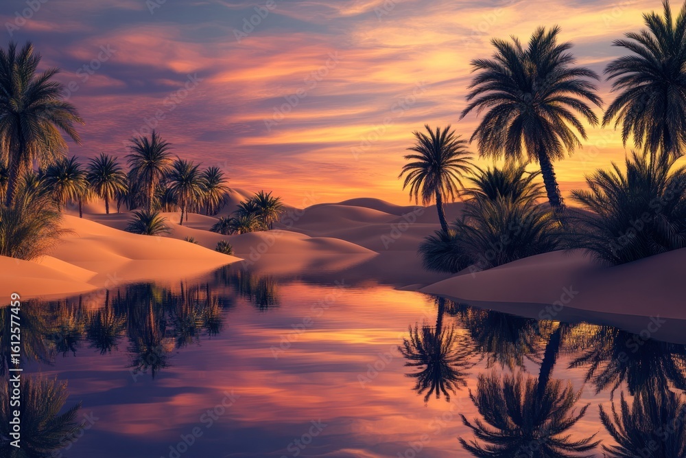 Obraz premium Desert Oasis: A breathtaking vista of a desert oasis, where serene water mirrors the vibrant colors of the sunset sky, palm trees casting their silhouettes against the backdrop of rolling sand dunes.
