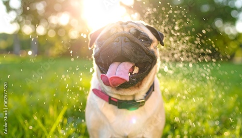 Fototapeta Naklejka Na Ścianę i Meble -  A happy pug dog enjoys a refreshing water spray in a sunny green park