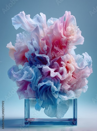 Translucent pink and blue fabric resembling flowers spills from a clear, square vase, against a gradient background. Soft lighting and ethereal texture create a dreamlike, delicate scene