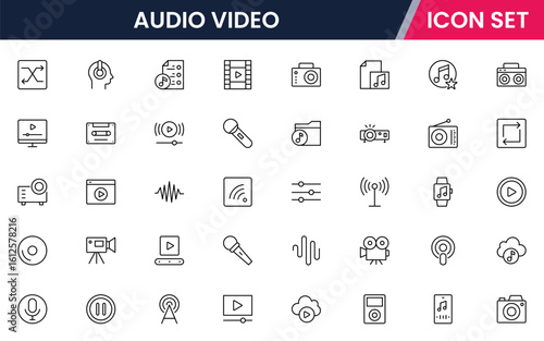 Audio video vector line icons featuring speakers, microphones, cameras, headphones, film reels, sound waves, recording devices, and media playback controls.