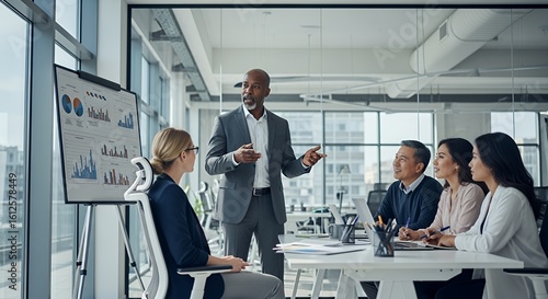 A diverse team listens attentively as their confident leader presents insightful data during a productive meeting.
