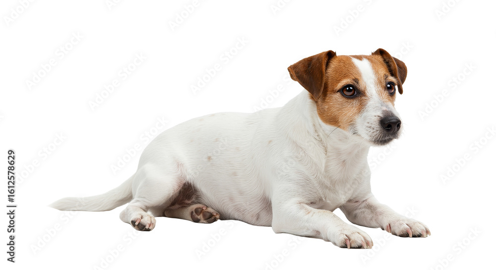 Obraz premium Dog Lying Down Looking Alert on White Background