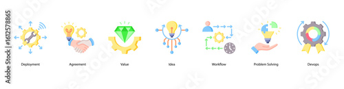 Agile workflow web banner icon vector illustration with agreement values, idea exchange, streamlined workflow, problem solving, DevOps practices, and agile productivity.