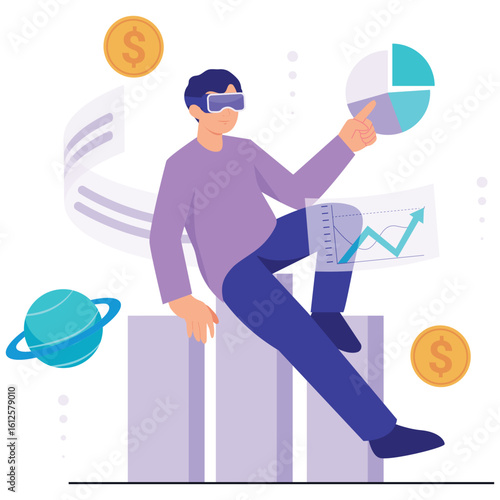 Metaverse Illustration. Vector illustration of A man analyzes virtual finance data using augmented tools in the metaverse environment. Isolated on background