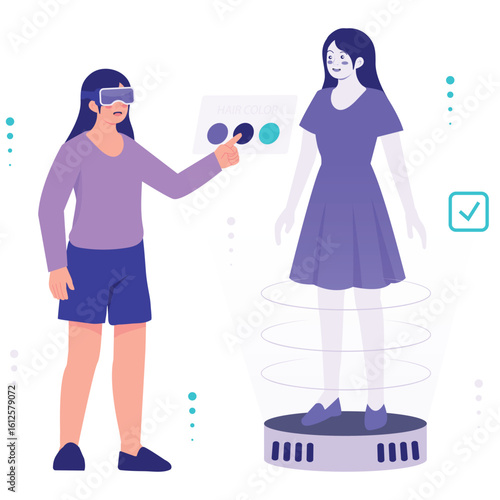 Metaverse Illustration. Vector illustration of A woman selects hair color for her virtual avatar using augmented interface in a metaverse platform. Isolated on background